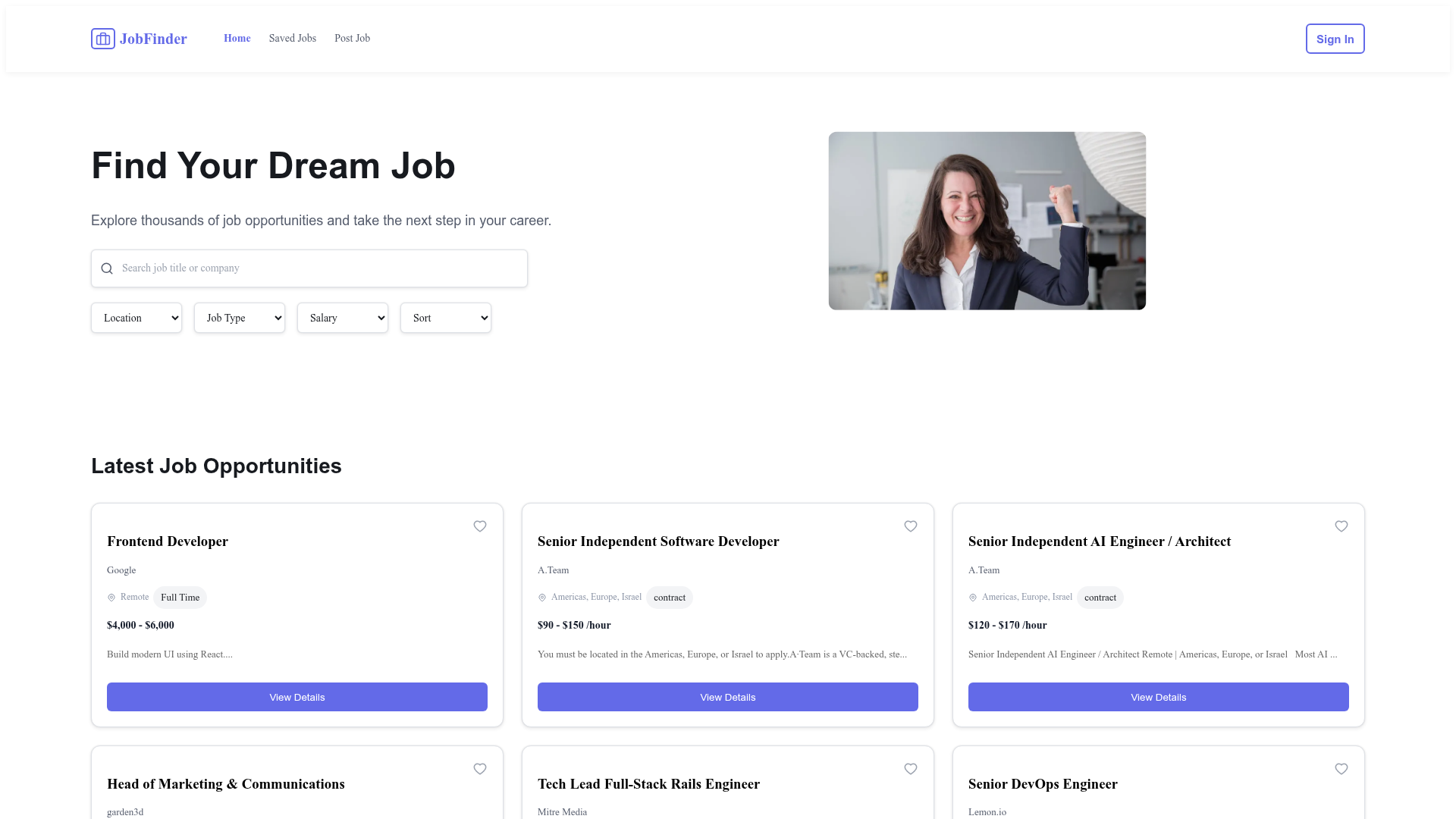 JobFinder landing page screenshot