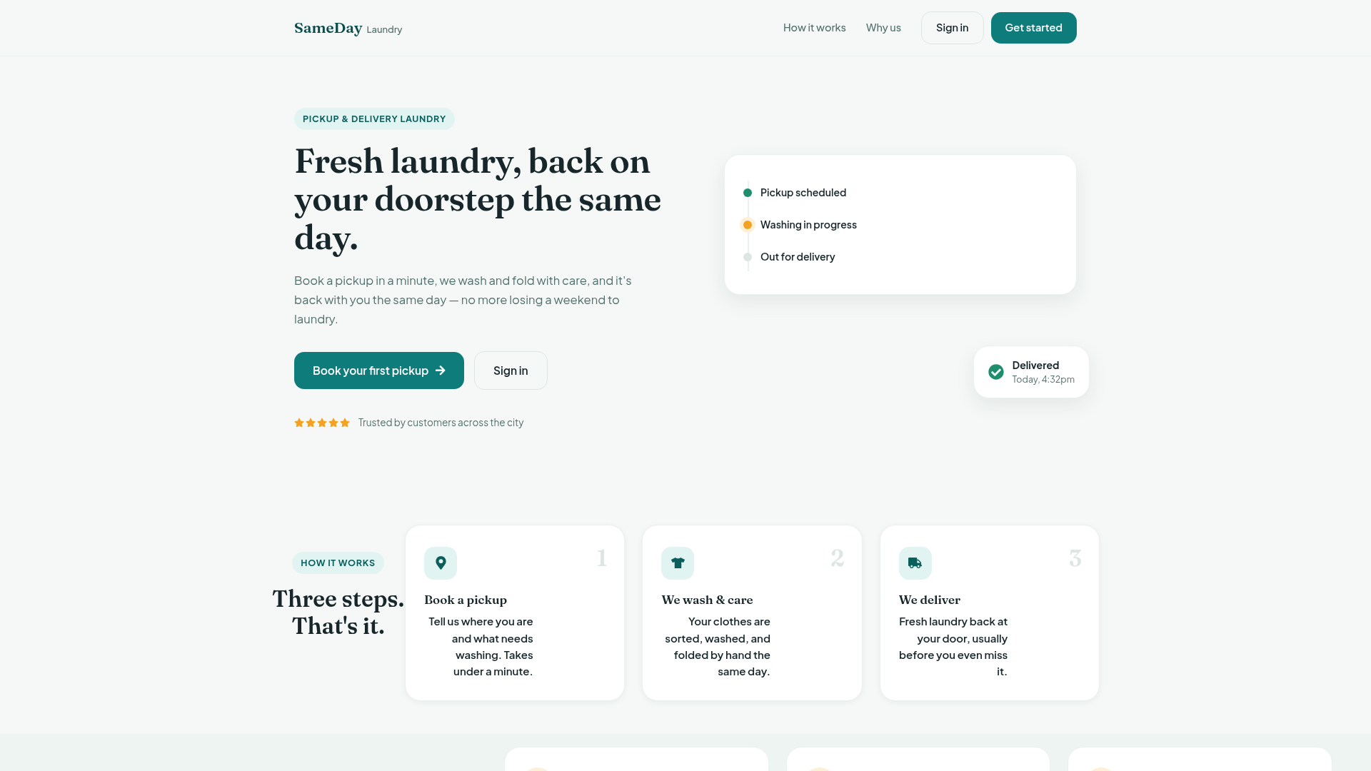 Sameday Laundry landing page screenshot